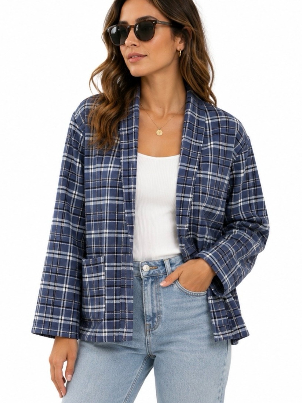NWT Autres Filles Navy Plaid Open Front Knit Jacket Size S